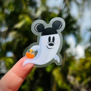 Trick or Treating Mickey Ghost Transparent Sticker great for water bottles, notebooks, laptops, planners, cellphones and MORE!