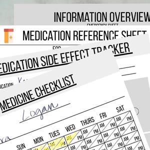 May include: A stack of white paper documents with black text. The documents include "Information Overview", "Medication Reference Sheet", "Medication Side Effect Tracker", and "Medicine Checklist". A medication schedule is partially visible.