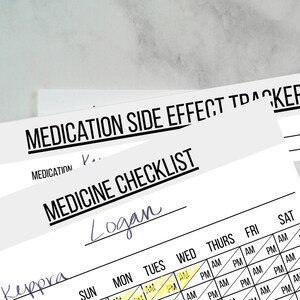 May include: A stack of white paper checklists with black text. The top sheet reads "MEDICATION SIDE EFFECT TRACKER". The middle sheet says "MEDICINE CHECKLIST" with the name "Logan" handwritten. The bottom sheet has a medication schedule.