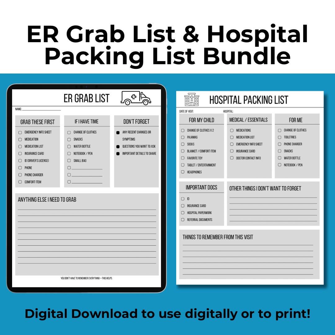 Hospital & ER Packing List Bundle Emergency Prep Printable for Moms ...