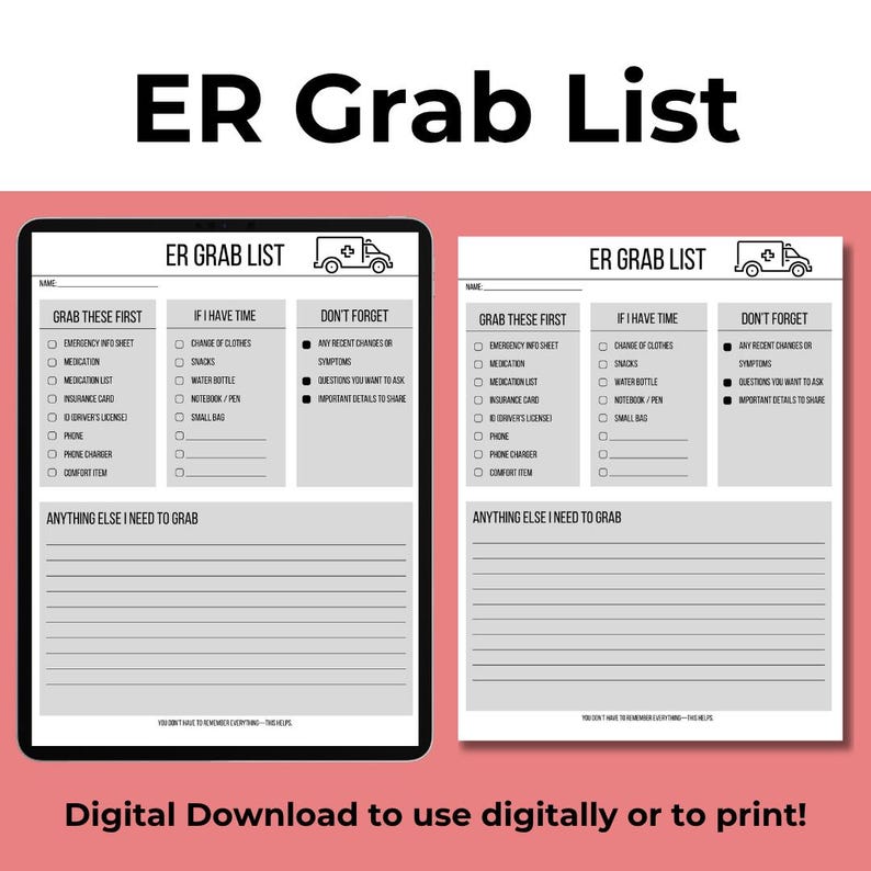 ER Grab List Printable Emergency Room Checklist | What to Bring to ER ...
