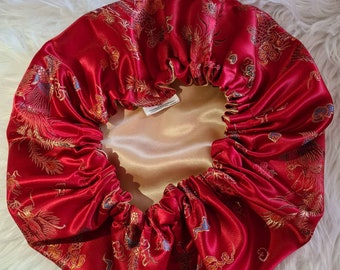 Red Chinese Print Satin Bonnet| Limited Edition