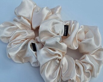 Handmade champagne Satin Scrunchies. Bridesmaid, Mother's day, gift for girls, sister, XXL Oversized Scrunchies. Silk Scrunchies set of 4.