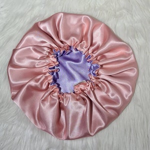 Perfect Fit Pink Reversible Satin Hair bonnet Satin Elasticated, Sleep Hat Bonnet, Headscarf. Night Sleep, Protecting Hairstyle, Lilac