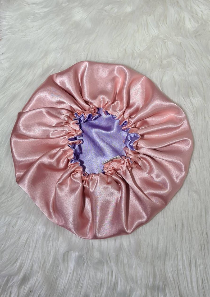 Perfect Fit Pink Reversible Satin Hair bonnet Satin Elasticated, Sleep Hat Bonnet, Headscarf. Night Sleep, Protecting Hairstyle, Lilac