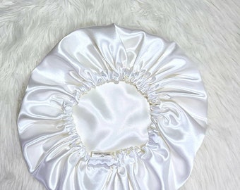 White Reversible Satin hair bonnet|Satin Elasticated, Sleep Hat Bonnet, Headscarf. Night Sleep, Protecting Hairstyle, Gift for Wedding.