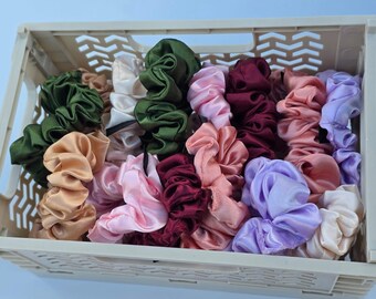 Handmade set of seven mixed colours Satin Scrunchies. Bridesmaid, Mother's day, gift for girls, sister, mini size Scrunchies.