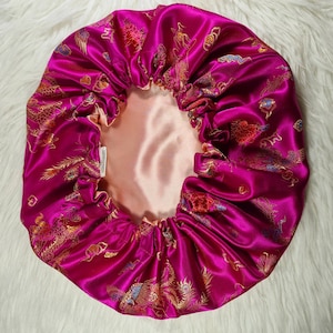 Cerise Pink Chinese Print Satin Bonnet| Limited Edition