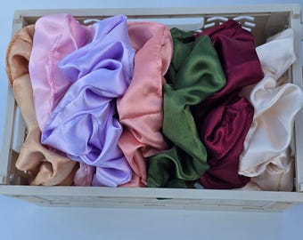 Handmade set of seven mixed colours Satin Scrunchies. Bridesmaid, Mother's day, gift for girls, sister, medium size Scrunchies.