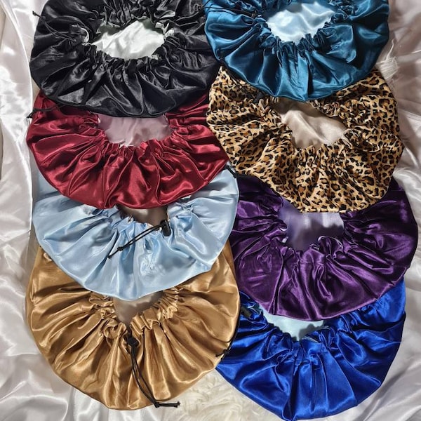 Adjustable Drawstring Reversible Satin hair bonnet|Satin Elasticated, Sleep Hat Bonnet, Headscarf. Night Cap, Protecting Hairstyle.