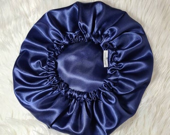 Navy Reversible Satin hair bonnet|Satin Elasticated, Sleep Hat Bonnet, Headscarf. Night Sleep, Protecting Hairstyle.