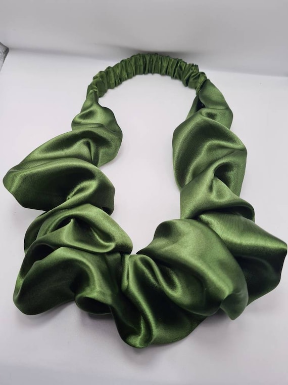 Green Ruffled Satin Headband Green Silk Ruffle Headband - Elasticized Designer Accessory  main image 3