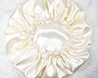 Bonnet réversible crème en satin satiné élastiqué, bonnet de nuit, foulard. Sommeil nocturne, Coiffure protectrice,