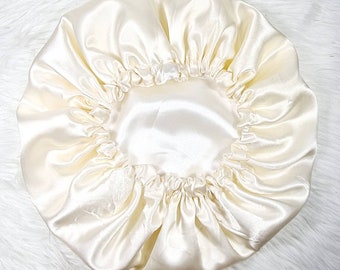 Cream Reversible Satin hair bonnet  Satin Elasticated, Sleep Hat Bonnet, Headscarf. Night Sleep, Protecting Hairstyle,