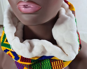 Kente print scarf, Gentle Faux Fur Lined, Winter Scatf, Round Neck Scarf, unisex wamer scarf, Warm Fleece Tube Scarf.