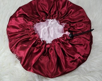 Burgundy Adjustable Drawstring Reversible Satin hair bonnet|Satin Elasticated, Sleep Hat Bonnet, Night Cap, Protecting Hairstyle.