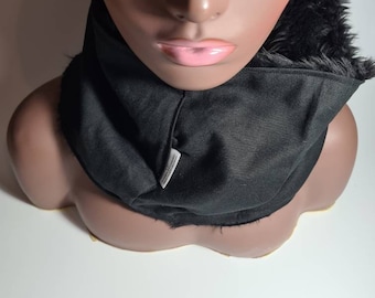 Black Cotton scarf, Gentle Faux Fur Lined, Winter Scatf, Round Neck Scarf, unisex wamer scarf, Warm Fleece Tube Scarf.