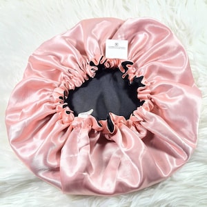 Perfect Fit Pink Reversible Satin Hair bonnet Satin Elasticated, Sleep Hat Bonnet, Headscarf. Night Sleep, Protecting Hairstyle, Black