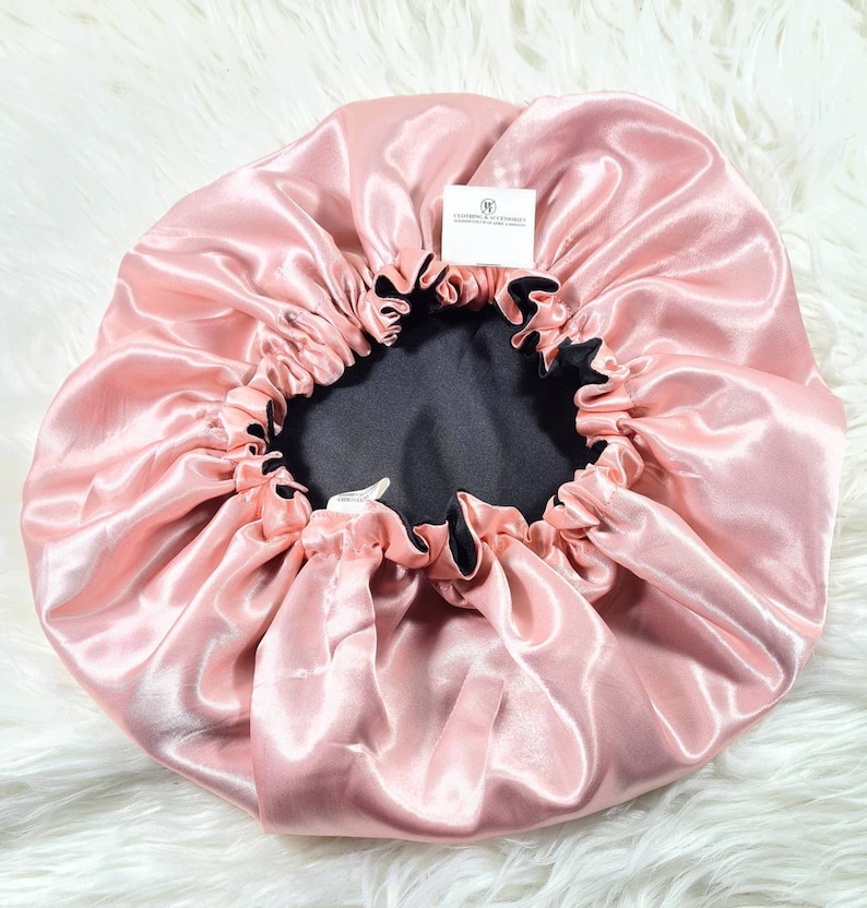 Perfect Fit Pink Reversible Satin Hair bonnet Satin Elasticated, Sleep Hat Bonnet, Headscarf. Night Sleep, Protecting Hairstyle, Black