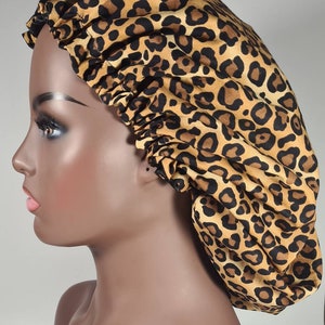 Leopard Print Bonnet, Silky Satin bonnet, Elasticated, Sleep Hat Bonnet, Headscarf. Night Sleep, Protecting Hairstyle,