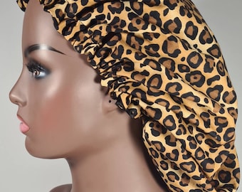 Leopard Print Bonnet, Silky Satin bonnet, Elasticated, Sleep Hat Bonnet, Headscarf. Night Sleep, Protecting Hairstyle,