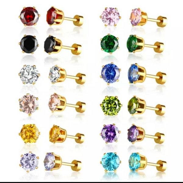 Stud Earrings|GemStone|Birth Stone|Moonstone Crystal|CZ Stone|Gold Stud|6mm Zircons|