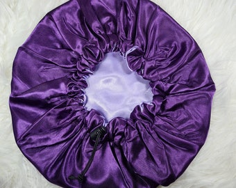 Purple Adjustable Drawstring Reversible Satin hair bonnet|Satin Elasticated, Sleep Hat Bonnet, Night Cap, Protecting Hairstyle.