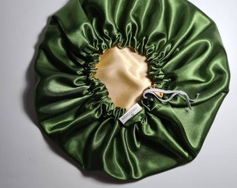 Bonnet réversible en satin parfaitement ajusté - Foulard protecteur coiffure nuit sommeil pour femme (Olive) | Accessoires pour cheveux.