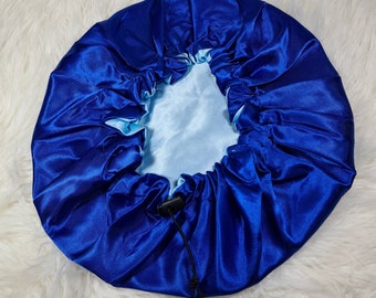 Blue Adjustable Drawstring Reversible Satin hair bonnet|Satin Elasticated, Sleep Hat Bonnet, Night Cap, Protecting Hairstyle.