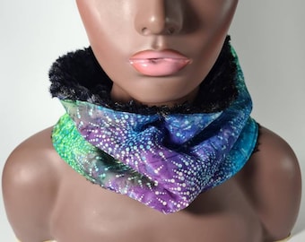 Tie and dye print scarf, Gentle Faux Fur Lined, Winter Scatf, Round Neck Scarf, unisex wamer scarf, Warm Fleece Tube Scarf.