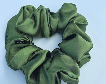 Handmade Olive Satin Scrunchies. Bridesmaid, Mother's day, gift for girls, sister, XXL Oversized Scrunchies. Silk Scrunchies set of 4.