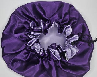 Paars verstelbaar omkeerbaar satijnen haarmuts met trekkoord|Satijnelastiek, slaapmutsmuts, slaapmutsje, beschermend kapsel. Dames paars