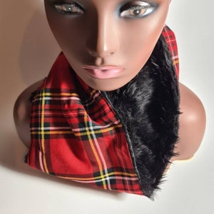 Check Cotton scarf, Gentle Faux Fur Lined, Winter Scatf, Round Neck Scarf, unisex wamer scarf, Warm Fleece Tube Scarf.