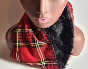 Check Cotton scarf, Gentle Faux Fur Lined, Winter Scatf, Round Neck Scarf, unisex wamer scarf, Warm Fleece Tube Scarf.