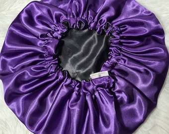 Deep Purple And Black Reversible Satin hair bonnet|Satin Elasticated, Sleep Hat Bonnet, Headscarf. Night Sleep, Protecting Hairstyle,