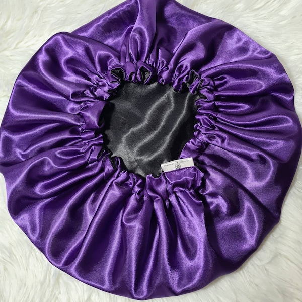 Deep Purple And Black Reversible Satin hair bonnet|Satin Elasticated, Sleep Hat Bonnet, Headscarf. Night Sleep, Protecting Hairstyle,