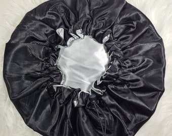 Black Adjustable Drawstring Reversible Satin hair bonnet|Satin Elasticated, Sleep Hat Bonnet, Night Cap, Protecting Hairstyle.