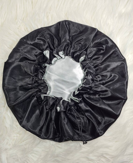 Black Adjustable Drawstring Reversible Satin Hair Bonnet|satin