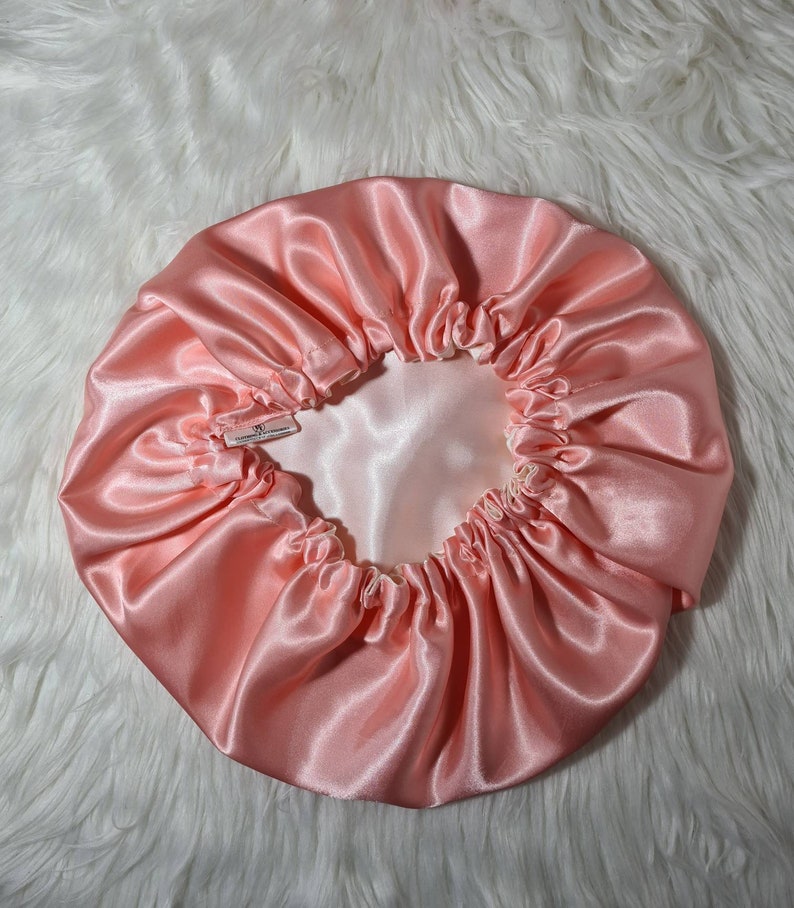 Perfect Fit Pink Reversible Satin Hair bonnet Satin Elasticated, Sleep Hat Bonnet, Headscarf. Night Sleep, Protecting Hairstyle, Champagne