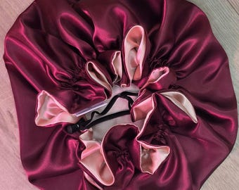 Burgundy Adjustable Drawstring Reversible Satin hair bonnet|Satin Elasticated, Sleep Hat Bonnet, Night Cap, Protecting Hairstyle.