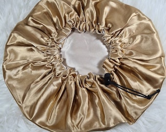 Gold Adjustable Drawstring Reversible Satin hair bonnet|Satin Elasticated, Sleep Hat Bonnet, Night Cap, Protecting Hairstyle.