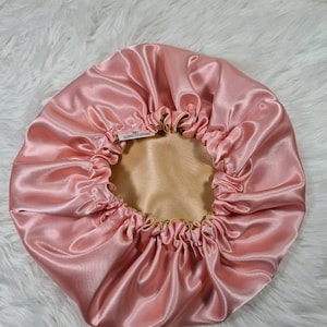 Perfect Fit Pink Reversible Satin Hair bonnet Satin Elasticated, Sleep Hat Bonnet, Headscarf. Night Sleep, Protecting Hairstyle, Gold