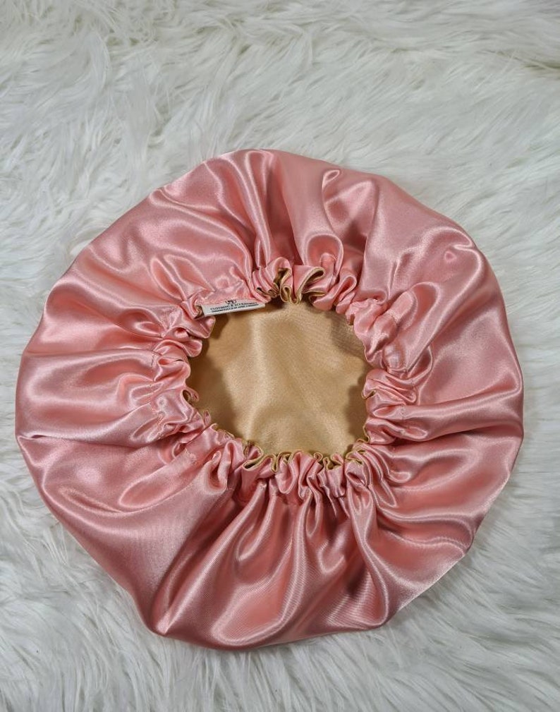 Perfect Fit Pink Reversible Satin Hair bonnet Satin Elasticated, Sleep Hat Bonnet, Headscarf. Night Sleep, Protecting Hairstyle, Gold