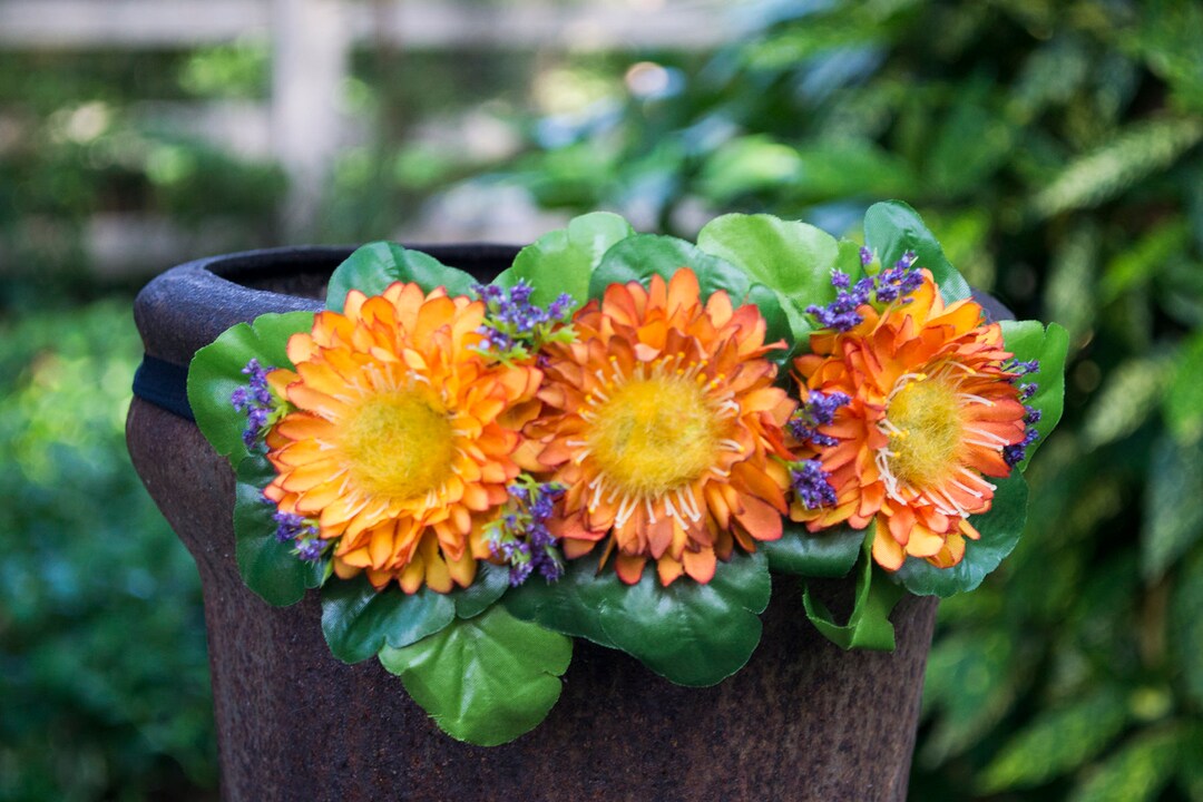 Orange Strawflower With Leaves Flower Headband Etsy Ireland