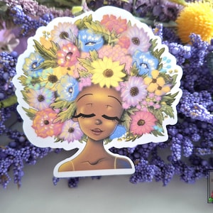 African American Woman Stickers, Afro Hair, Pastel Colors, Flowers in Hair, Brown Skin Girl, Floral Black Woman Sticker