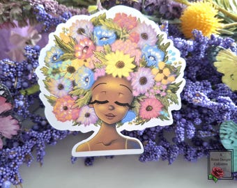 Pegatina floral de mujer afroamericana: colores pastel, chica de piel morena