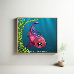 May include: A digital illustration of a pink and purple fish with large eyes swimming in blue water with green seaweed. The image is a poster with the dimensions 16.76" x 19.51".