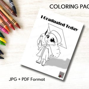 Hoja para colorear imprimible de graduación de niña afroamericana, graduación de niños negros, arte de dibujos animados de niños negros, página para colorear de graduación