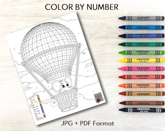 Elefante para colorear por números: globo aerostático imprimible (descarga PDF)