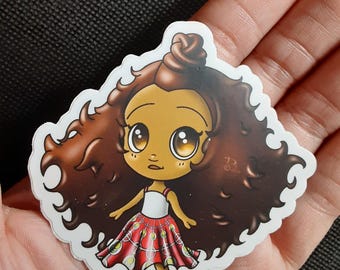 Pegatina de niña afroamericana estilo chibi - Troquelada mate (7,6 cm x 7,5 cm)